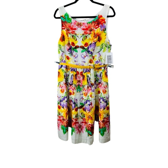 Robbie Bee Sundress Dress Women 10 Ivory Yellow Floral New Sleeveless Belted - Picture 1 of 10